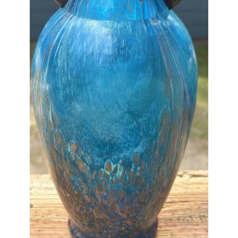 Dale Tiffany Turquoise Glass Vase w Infused Copper Design